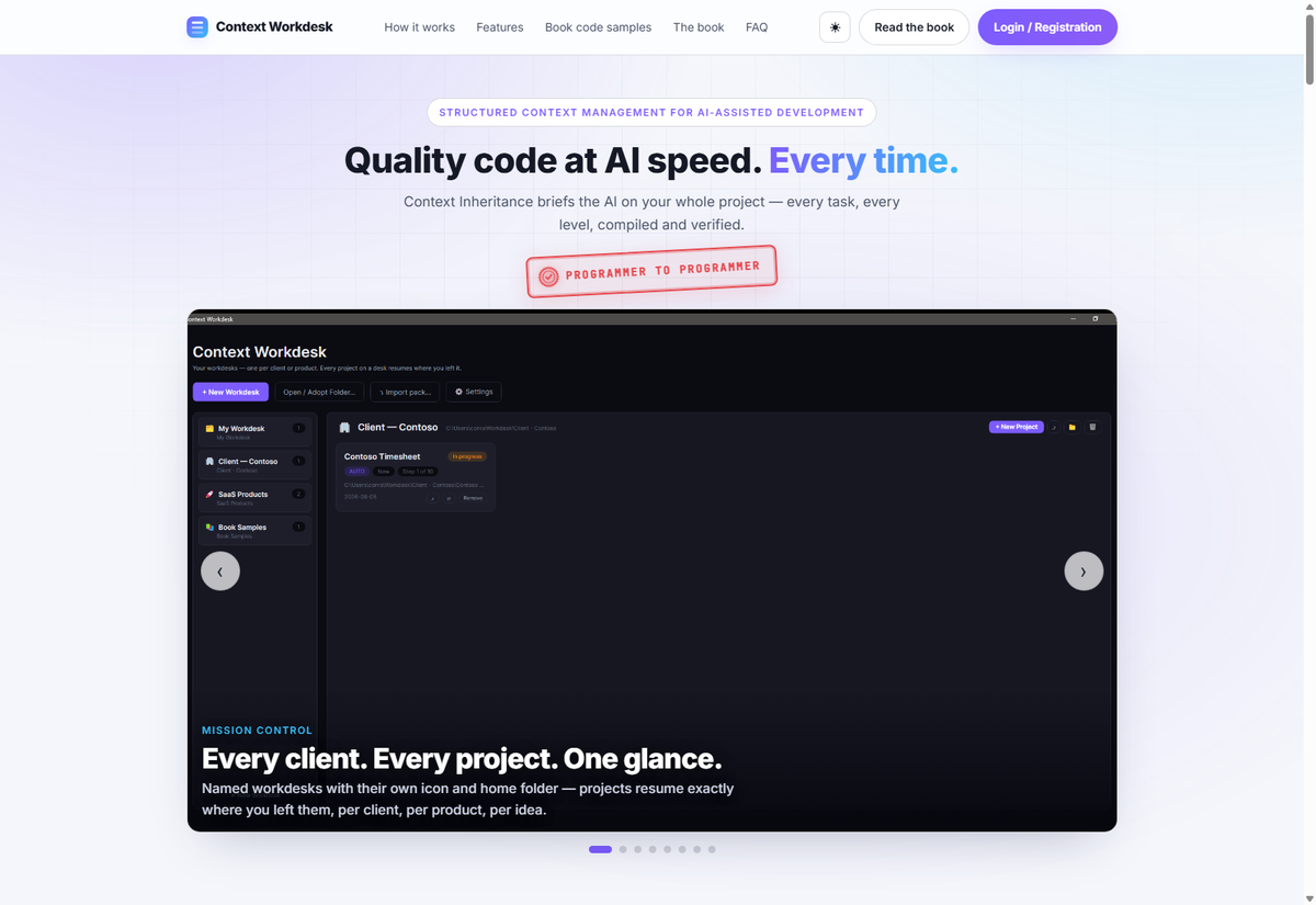contextworkdesk.com — Quality code at AI speed. Every time. Mission Control view