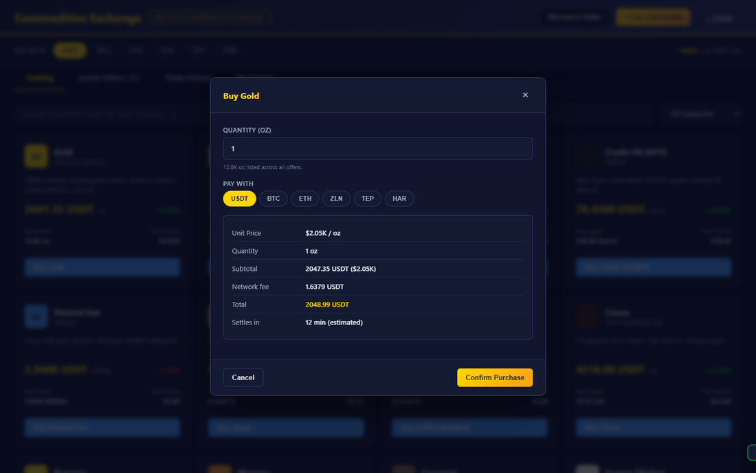 Buy modal — tokenized gold